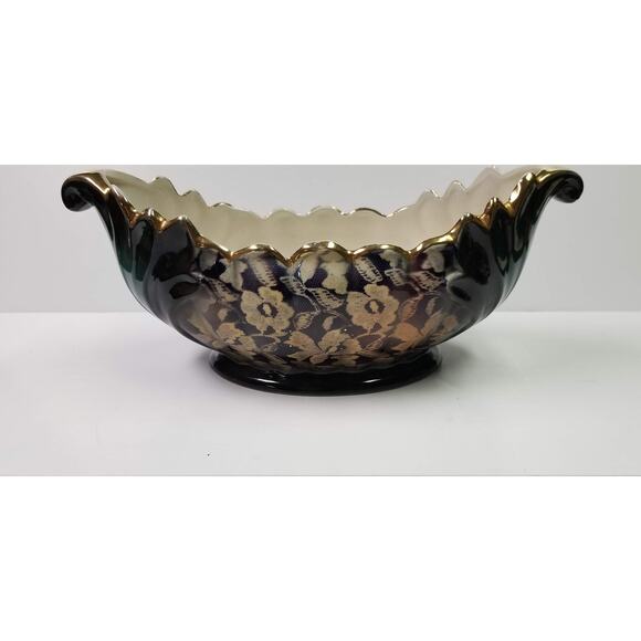 Vintage Guadalajara Boat Bowl, Lofisa Console, Lacy Floral Pattern, Black Green - Picture 7 of 8